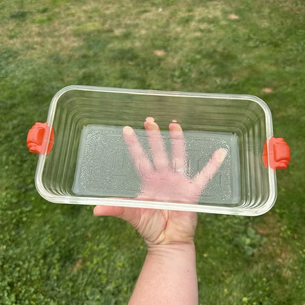 Vintage GLASBAKE #59 Clear Glass Loaf Pan Baking Dish Ornate Orange Handles USA